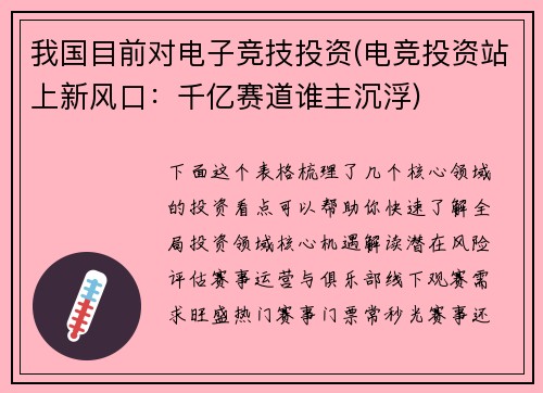 我国目前对电子竞技投资(电竞投资站上新风口：千亿赛道谁主沉浮)