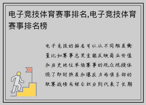 电子竞技体育赛事排名,电子竞技体育赛事排名榜
